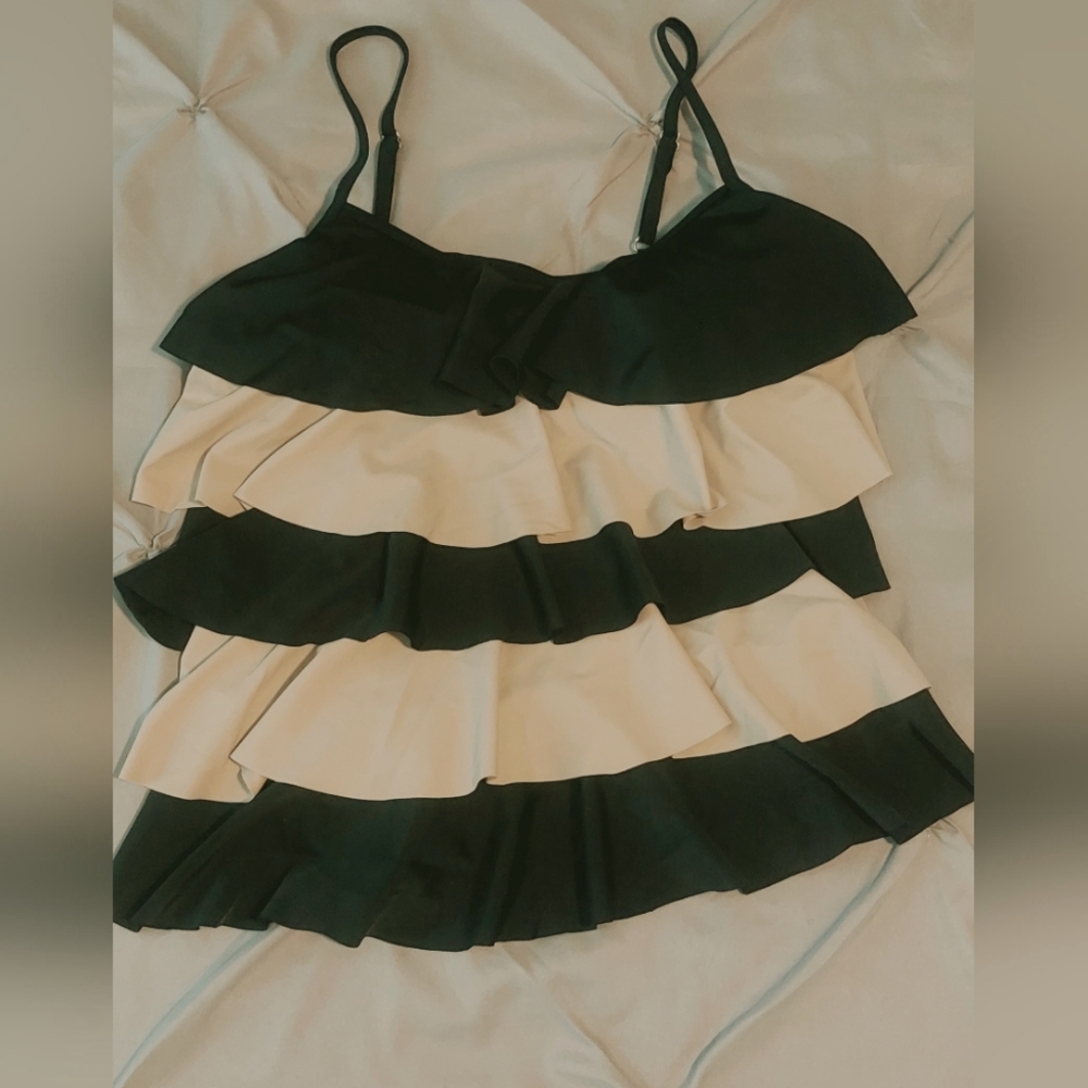 Sunshine Zone Black and Beige Ruffle Tier Tankini Top Large